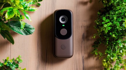 Modern doorbell camera mounted on wooden door with green plants in the background for home security