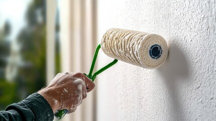 Close-up of a hand painting a wall with a paint roller du home renovation or interior decoration process