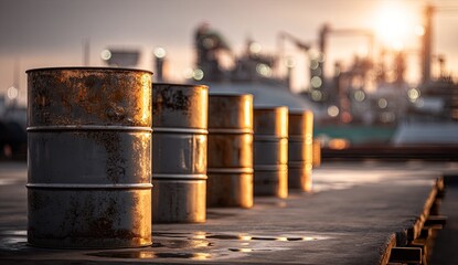 Rusty metal drums aligned on a dock at sunset
