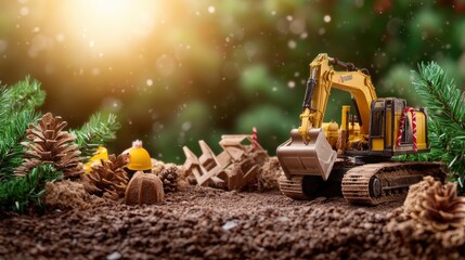 Small yellow toy excavator bulldozer digging in dirt with pinecones and greenery in a festive outdoor setting