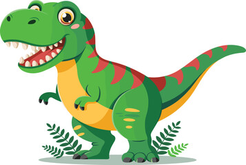 Adorable cartoon Tyrannosaurus Rex illustration, a friendly green dinosaur perfect for children's designs, education, and prehistoric themes.