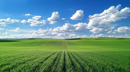 Fototapeta premium The combination of green fields and blue skies evokes a sense of tranquility.
