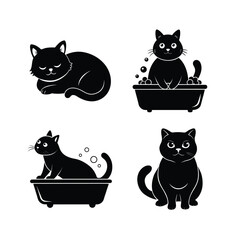 Cute Black Cats in a Bath Set of Illustrations