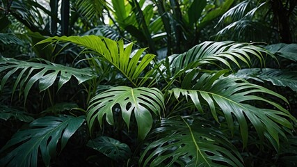 Lush green tropical foliage in a dense jungle setting.