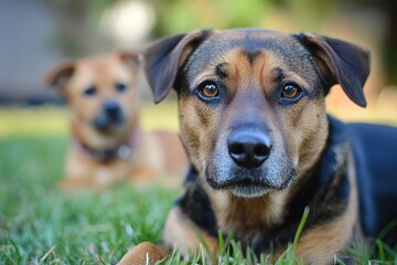 Daddy dog and dog child enjoying playful moments in the sunny yard, daddy dog and dog child playing in the yard