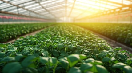 Lush Greenhouse Interior with Rows of Healthy Green Crops under Sunlight du Daylight Hours