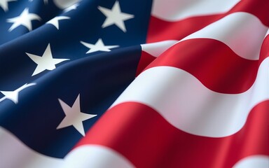 Close up of ruffled American flag. Satin texture curved flag of USA. Memorial Day or 4th of July. Banner, freedom concept. High quality