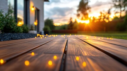Sunset over wooden deck with glowing fairy lights and lush greenery in the background du evening