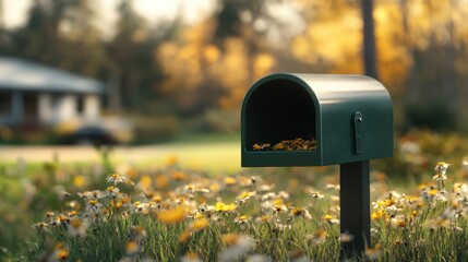 Green outdoor mailbox with a curved top, surrounded by yellow flowers and trees in a suburban yard du autumn