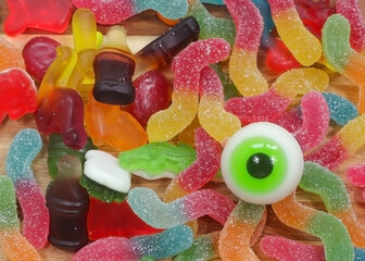 Colorful Halloween Gummy Candies and Edible Eyeball Close-Up