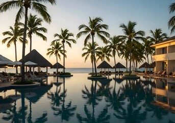 Obraz premium Paradise Pool Oasis: A serene shot captures the tranquil infinity pool scene and the silhouette of lush palm trees at dusk, offering a glimpse of tropical paradise.