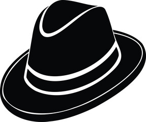 Stylized black fedora with white band, vintage fashion illustration, vector art