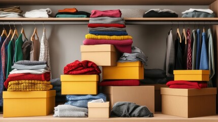 Neatly Organized Closet with Stacked Clothes and Storage Boxes Showing Fashion and Clothing Storage Solution