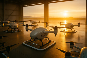 Fleet of Delivery Drones on Wireless Charging Pads with Sunrise Light in Hangar.