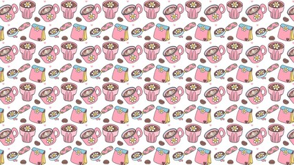 Seamless pattern with coffee cups beans and scoops on a white background cute and colorful design