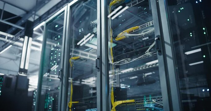 Data Center Storage Facility with Server Cabinets in an Automated Workplace Without People. Supercomputer Cluster Built for Training Artificial Intelligence Large Language Models and Compute Data