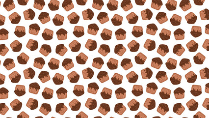 A seamless pattern of many chocolate frosted cupcakes on a white background in a repeating design