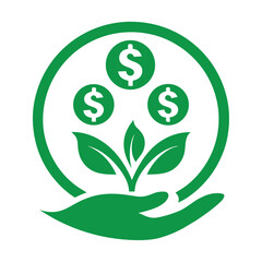 Green Circular Icon Depicting a Hand Holding a Growing Plant with Three Dollar Signs Above