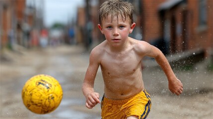 Obraz premium Energetic Boy Playing Soccer in Rainy Urban Environment