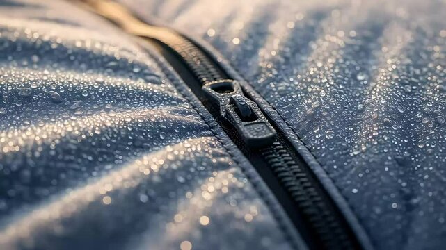Waterproof Jacket Zipper Detail Close-up of Water Resistant Fabric Texture