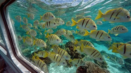School of fish swimming near a glass window.