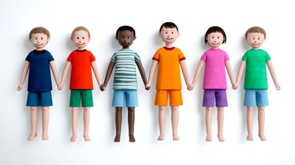 Obraz premium Group of children are holding hands in a row. The children are of different races and colors, including black, white, and brown. Concept of unity and togetherness among the children
