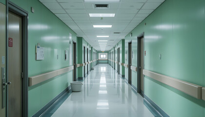 Fototapeta premium Spacious hallway with green walls in hospital