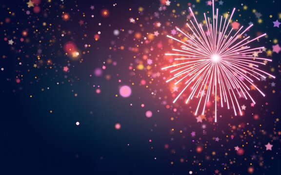 Abstract new year background with colorful fireworks and christmas lights. Vector festive illustration. High quality