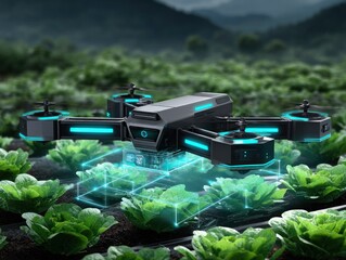 Futuristic drone hovers over a hydroponic lettuce farm, displaying analysis data