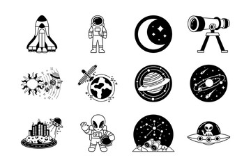 black and white illustration of spaceship alien in the galaxy collection © Koon