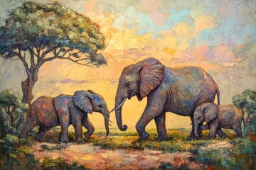 Fototapeta premium Elephant family strolls through the savannah enjoying a peaceful moment together, An elephant family walks and eats in the savannah