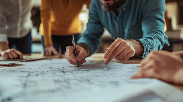 Team Reviewing Architectural Plans at Table Pointing with Pen