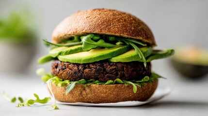 Delicious Vegan Burger Featuring a Bean Patty, Avocado and Arugula