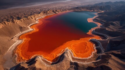 Unusual Red Lake Amidst a Hilly Terrain from an Aerial Perspective