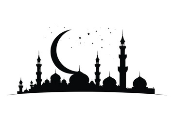 Mosque silhouette with a large crescent moon above sky