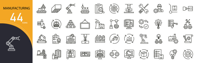 Manufacturing related icon collections. Containing factory, machine, production, assembly, automation, gear, quality, process, industry, and output icons. Outline icons