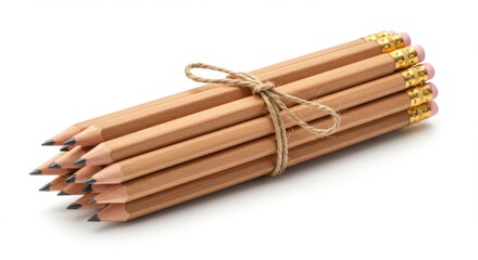 Bundle of wooden pencils tied with jute twine, ready for use