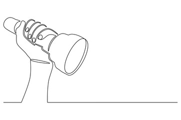 Continuous one line drawing of Hand holding a flashlight. Single line drawing illustration of Hand with Flashlight. Flashlight searching in darkness concept vector art. Doodle line illustration.