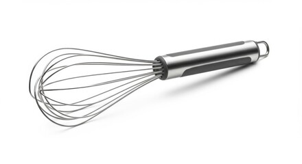 Stainless steel whisk with a comfortable grip handle on a white background
