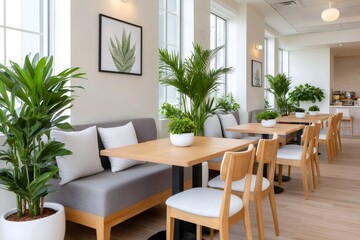 Modern restaurant interior design featuring natural wood furniture and lush greenery