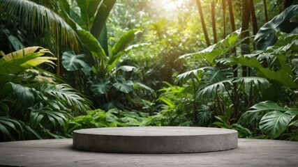 Fototapeta premium Gray concrete pedestal in a lush green jungle setting.