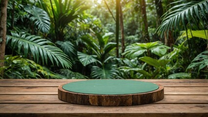 Wooden platform with green surface against a tropical background.