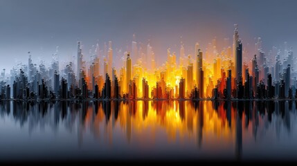 Fototapeta premium Futuristic City Skyline at Sunset with Reflections in Water