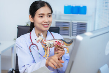 A confident Asian female veterinarian sits at her desk, providing online consultations. She uses...
