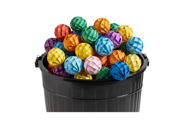 Multi colored paper balls all around a black recycle bin create chaos