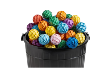 Multi colored paper balls all around a black recycle bin create chaos