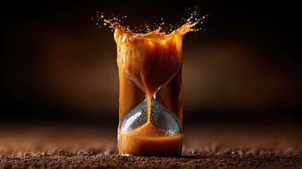 Dynamic Hourglass Splashing Coffee Liquid in Dark Background