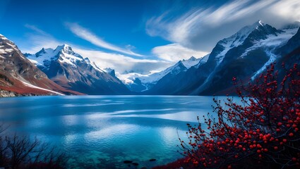 Scenic Lake Landscape Reflecting Snow-Capped Mountains and Sky with Red Berries