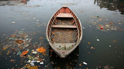 A wooden boat rests amidst polluted waterway.