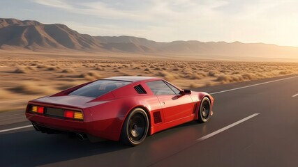Obraz premium Red Sports Car on Open Road: A striking red sports car speeds down an open road under a beautiful sunlit sky with vast desert landscapes stretching out in the distance, embodies freedom and adventure.